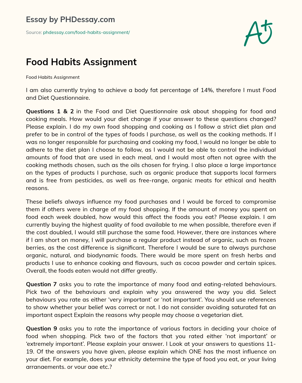 Food Habits Assignment essay