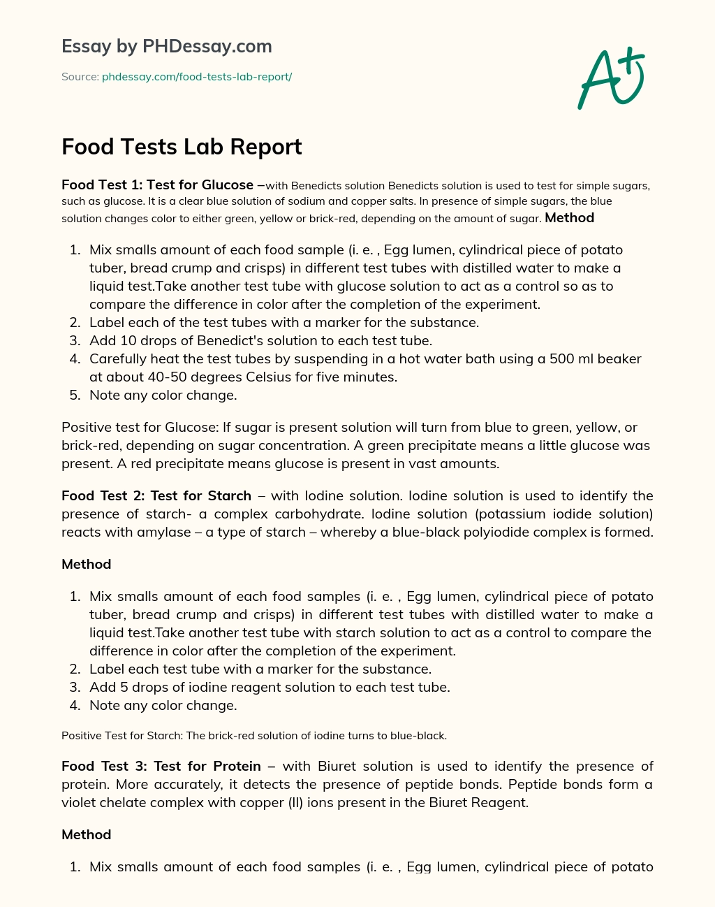 Food Tests Lab Report essay