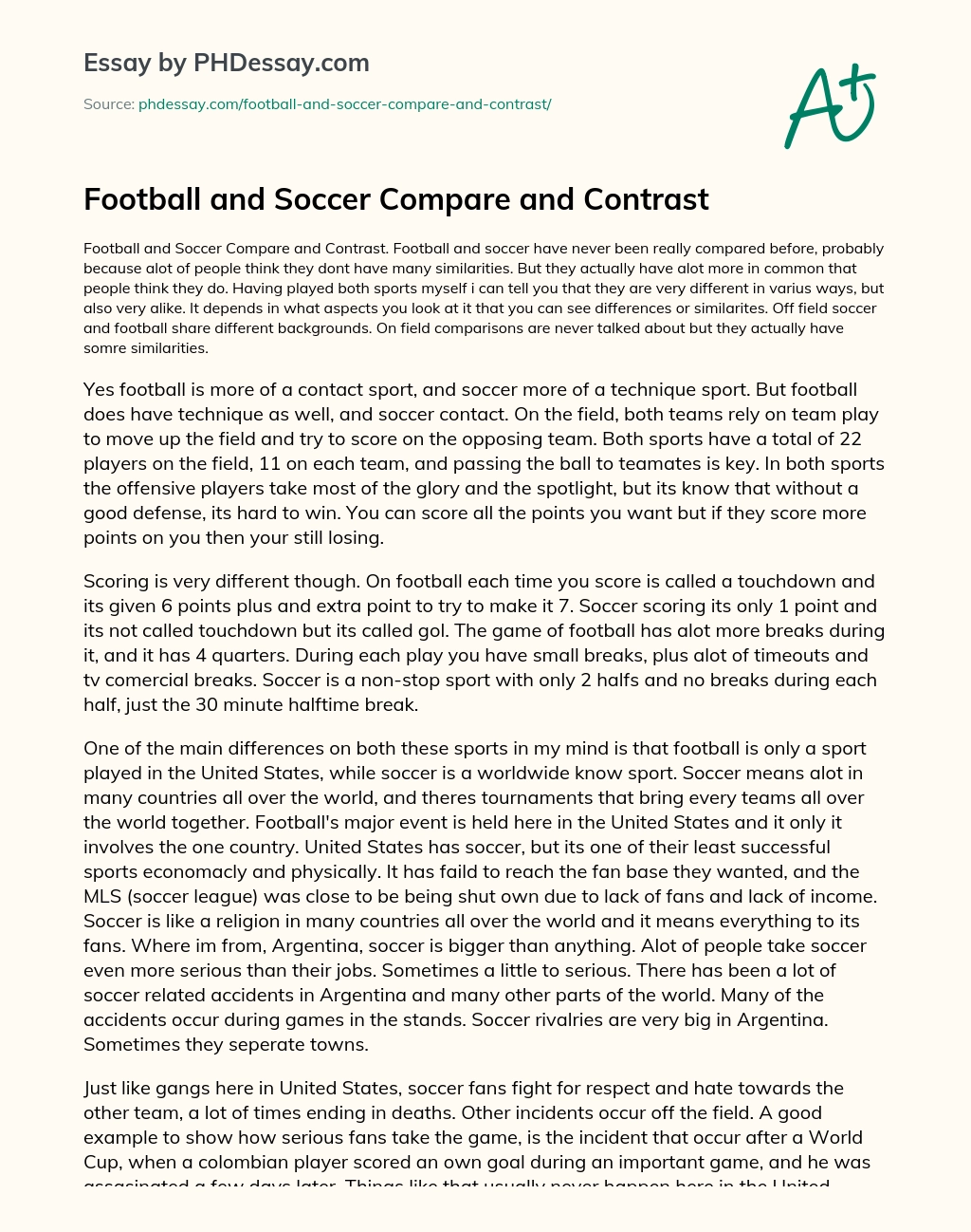 Football and Soccer Compare and Contrast essay