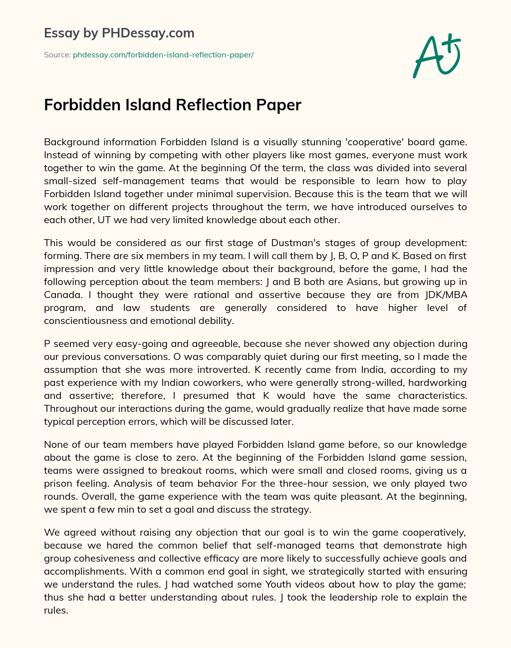 Forbidden Island Reflection Paper essay