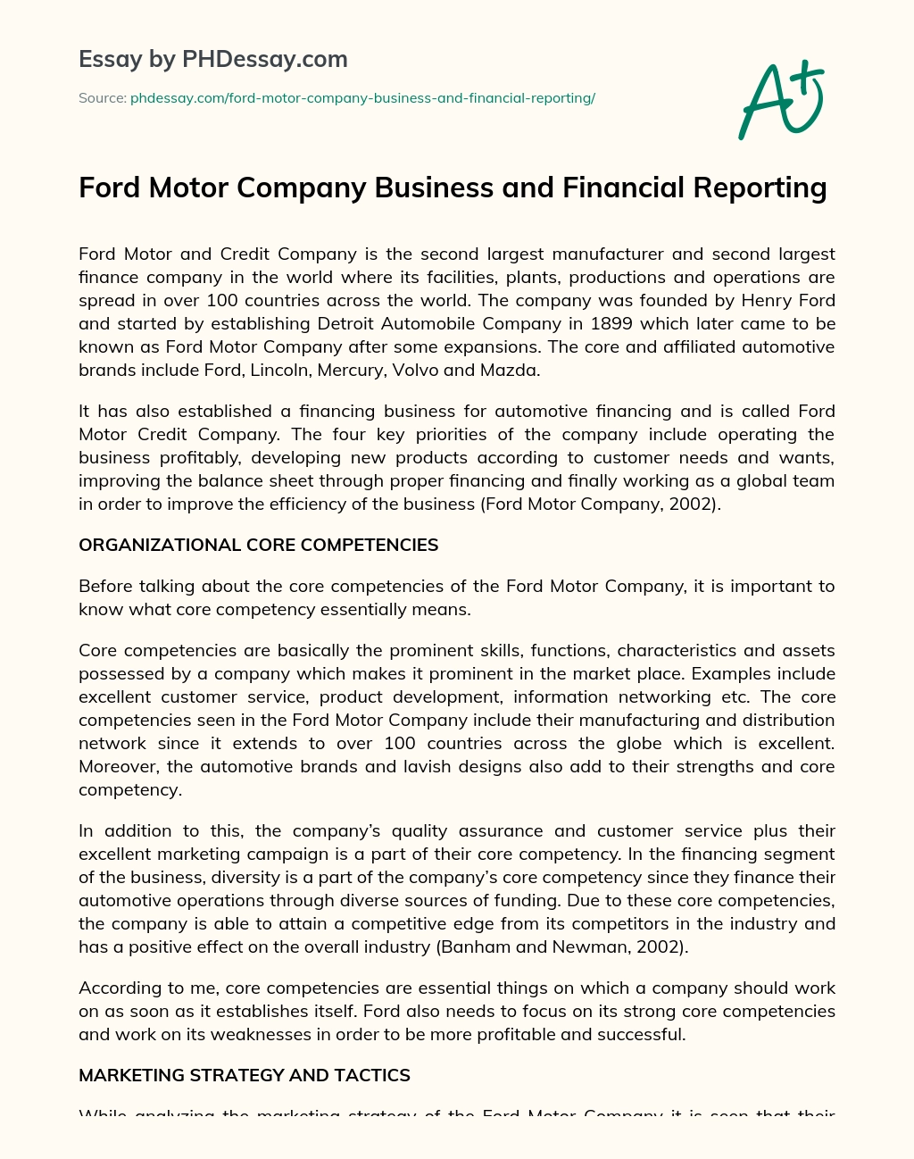Ford Motor Company Business and Financial Reporting essay