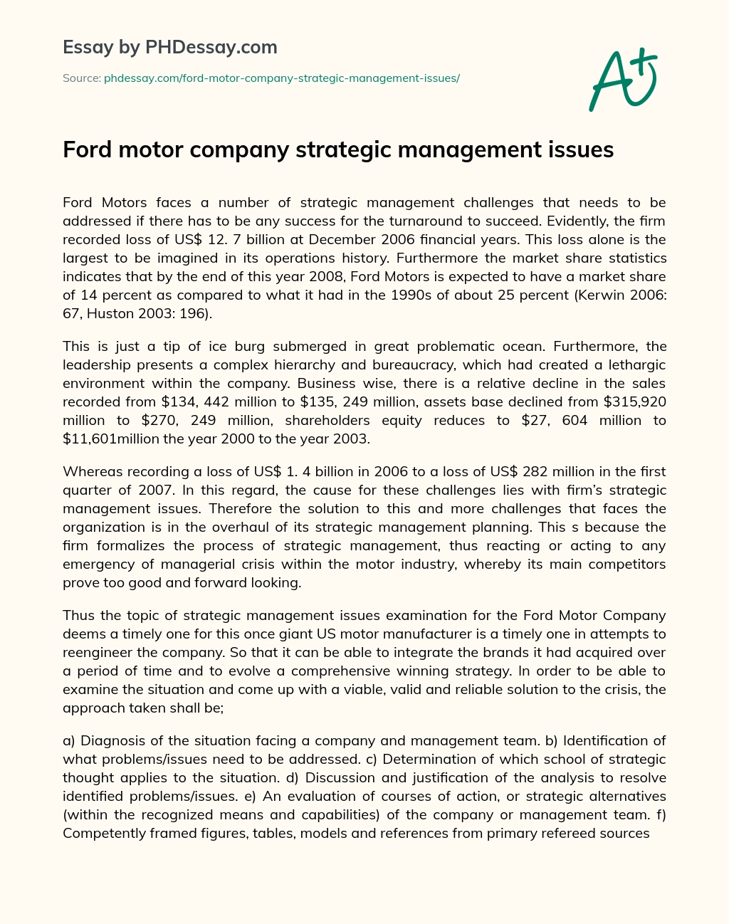 Ford motor company strategic management issues essay