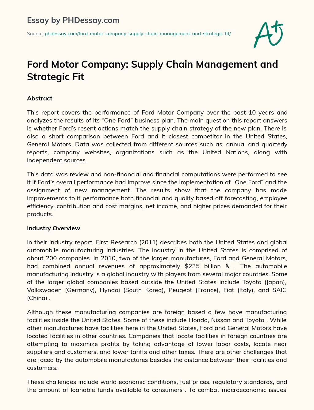 Ford Motor Company: Supply Chain Management and Strategic Fit essay