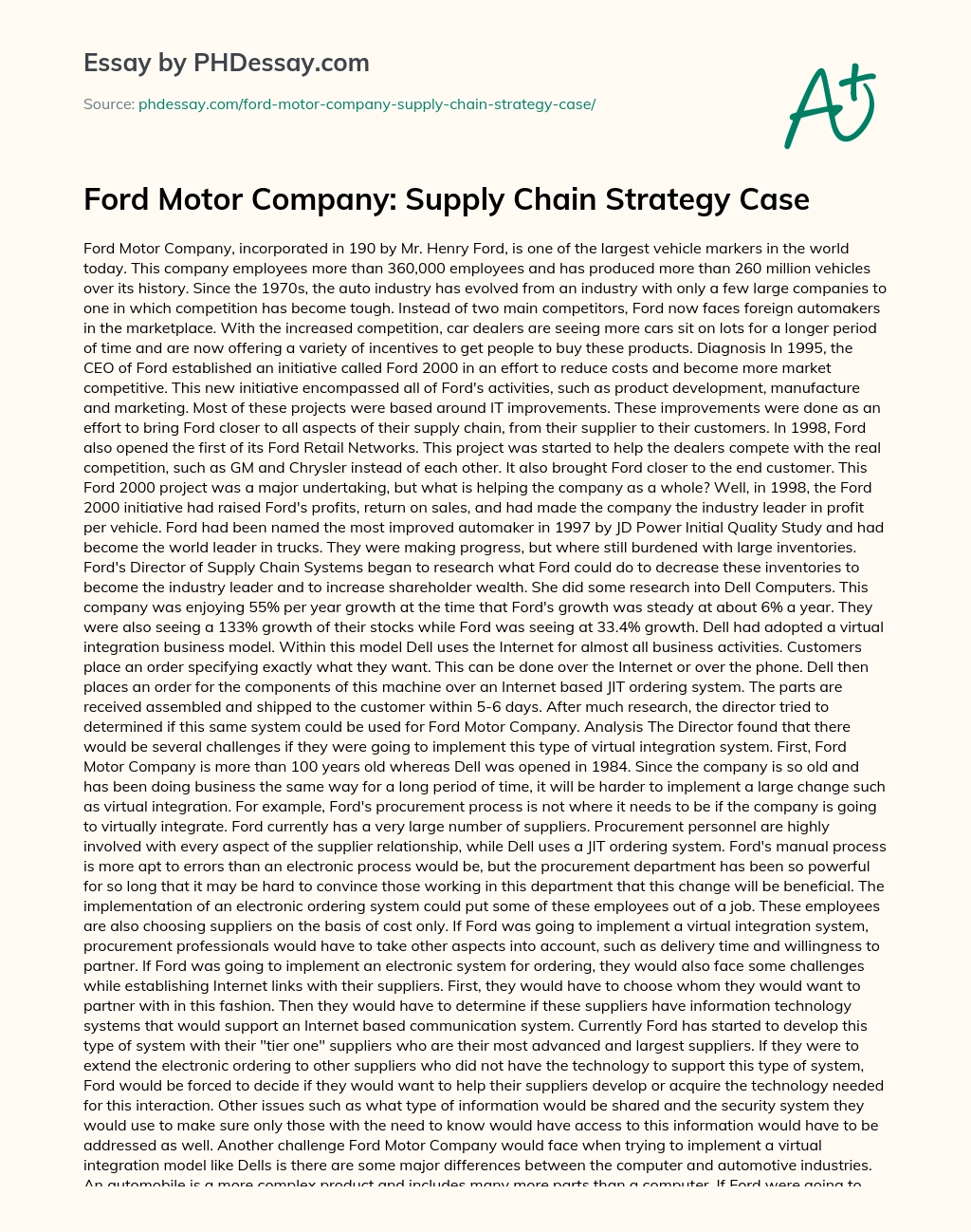Ford Motor Company: Supply Chain Strategy Case essay