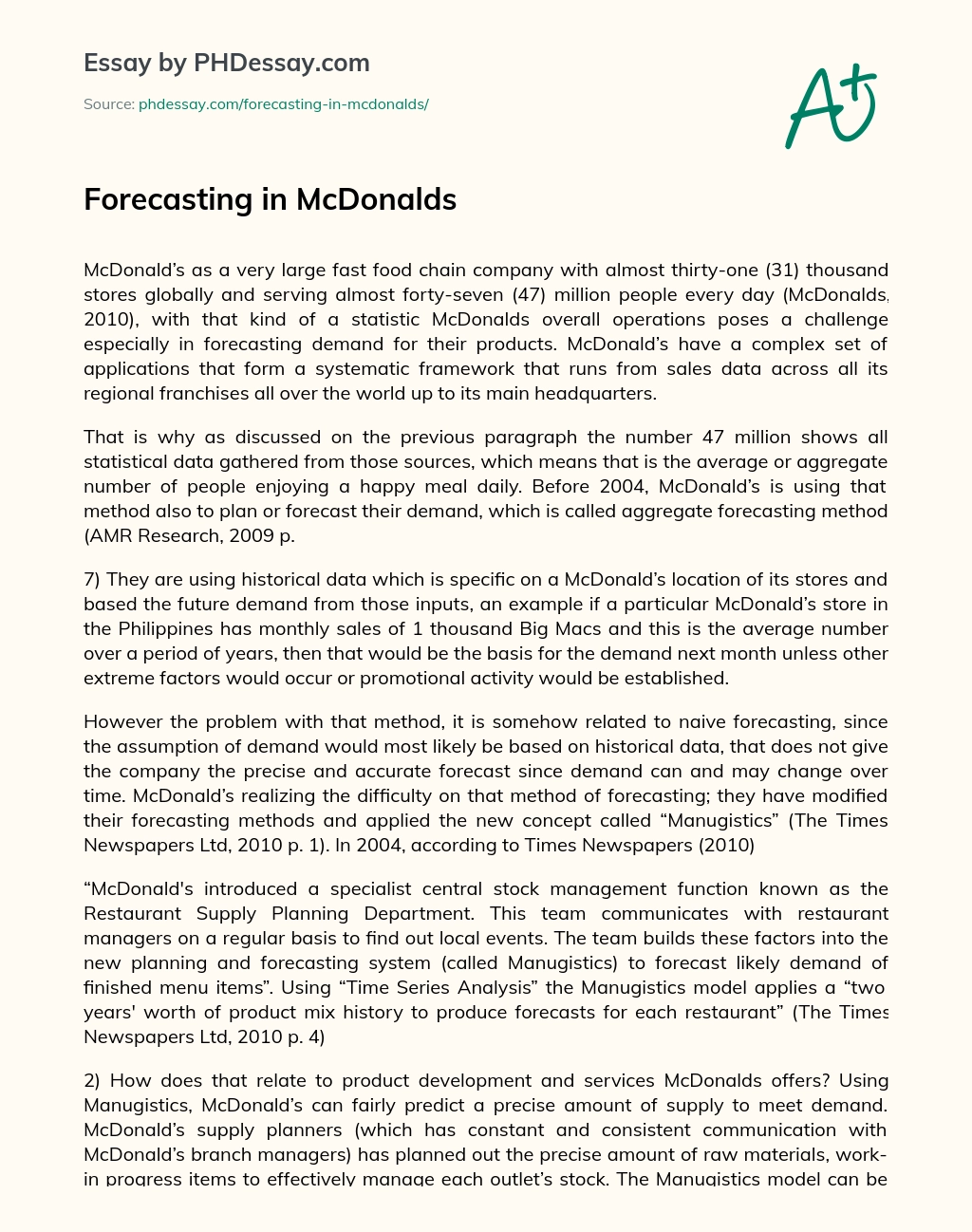 Forecasting in McDonalds essay