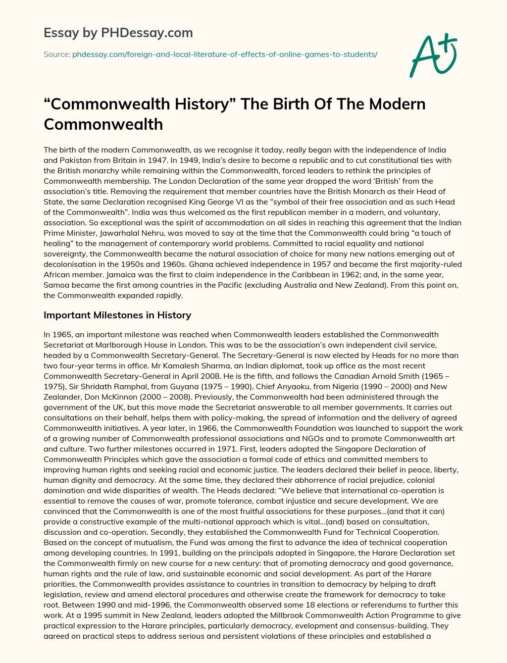 Commonwealth History The Birth Of The Modern Commonwealth essay