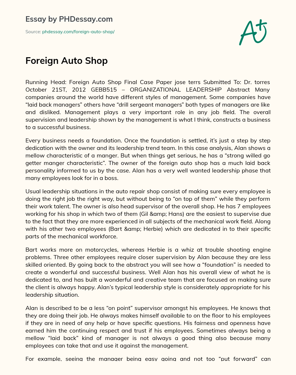 Foreign Auto Shop essay