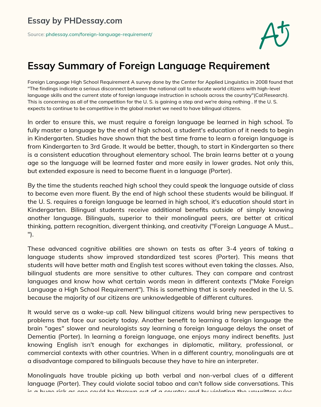 Essay Summary of Foreign Language Requirement essay