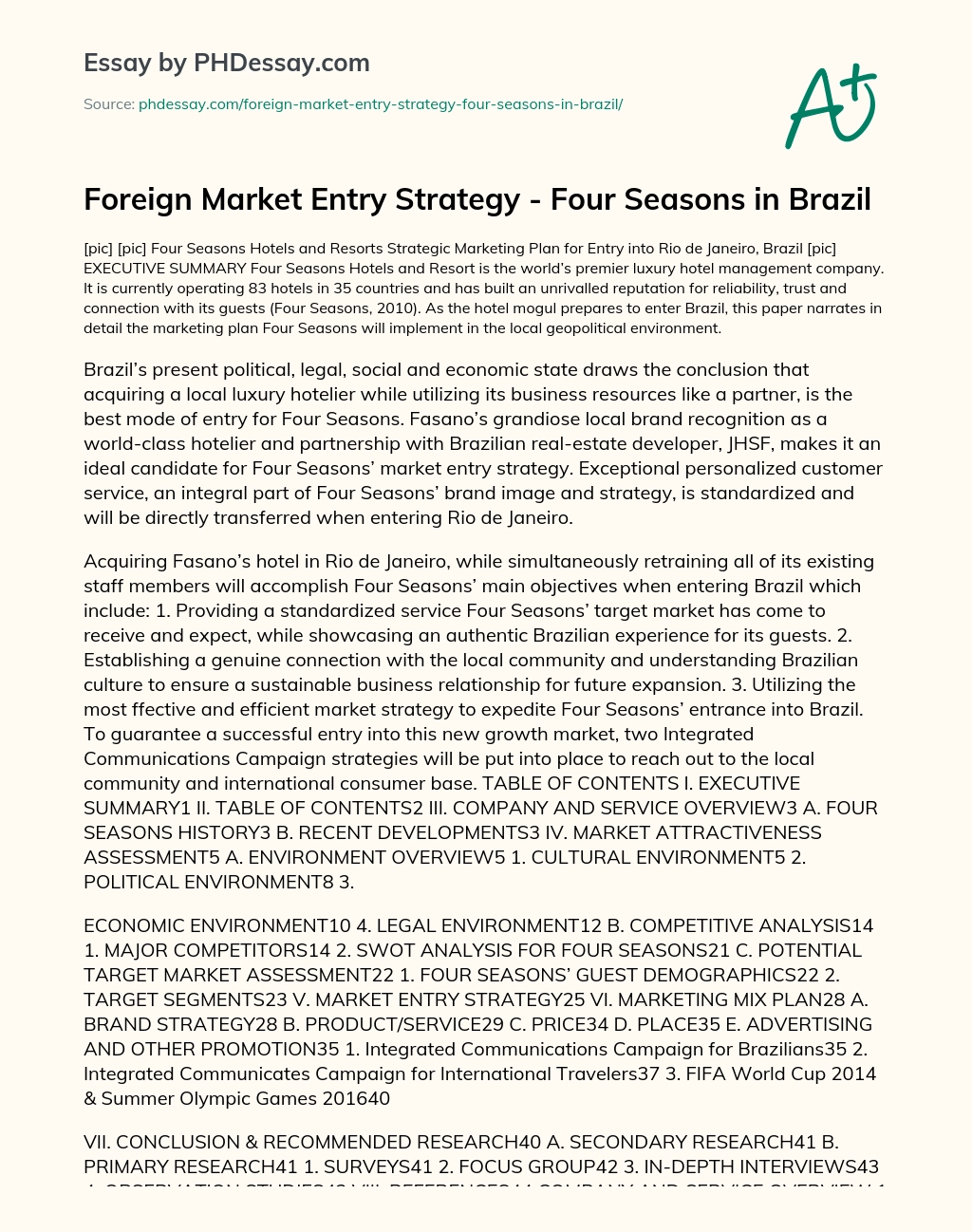 Foreign Market Entry Strategy – Four Seasons in Brazil essay