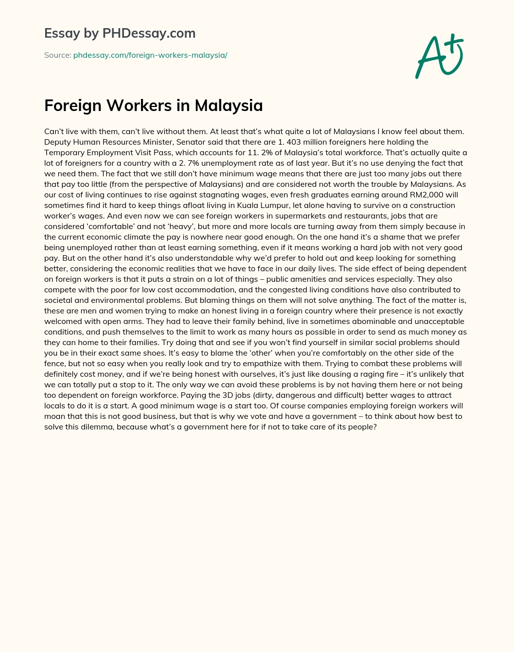 Foreign Workers in Malaysia essay