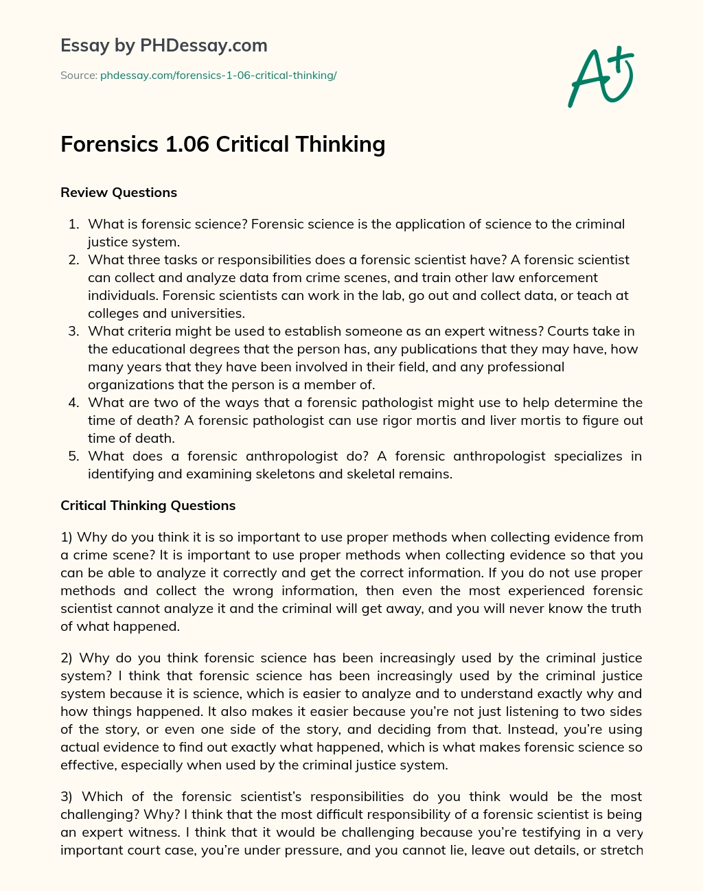 Forensics 1.06 Critical Thinking essay