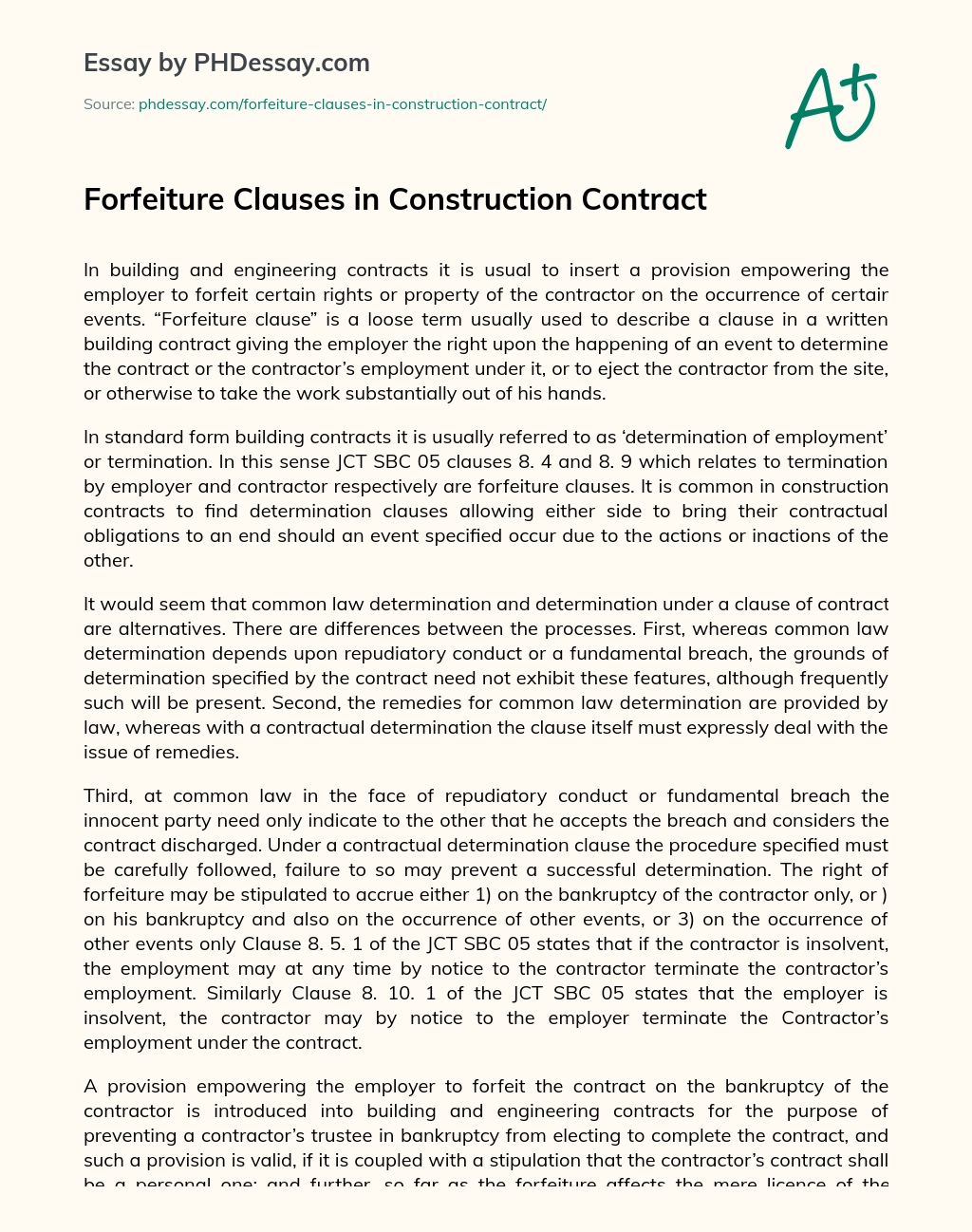 Forfeiture Clauses in Construction Contract essay