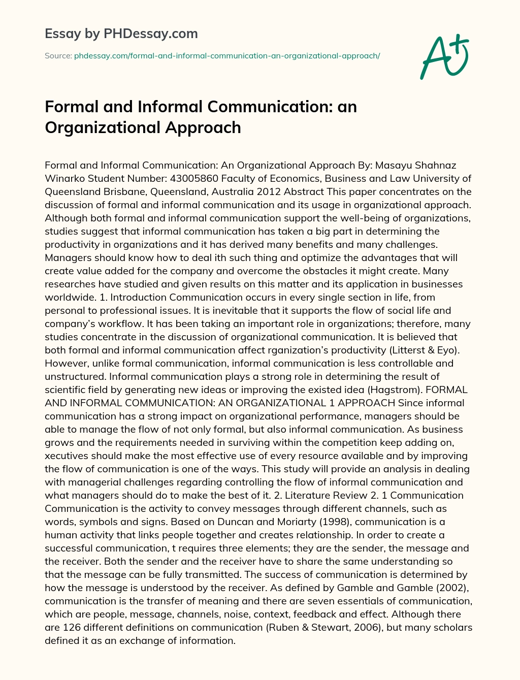 Formal and Informal Communication: an Organizational Approach essay