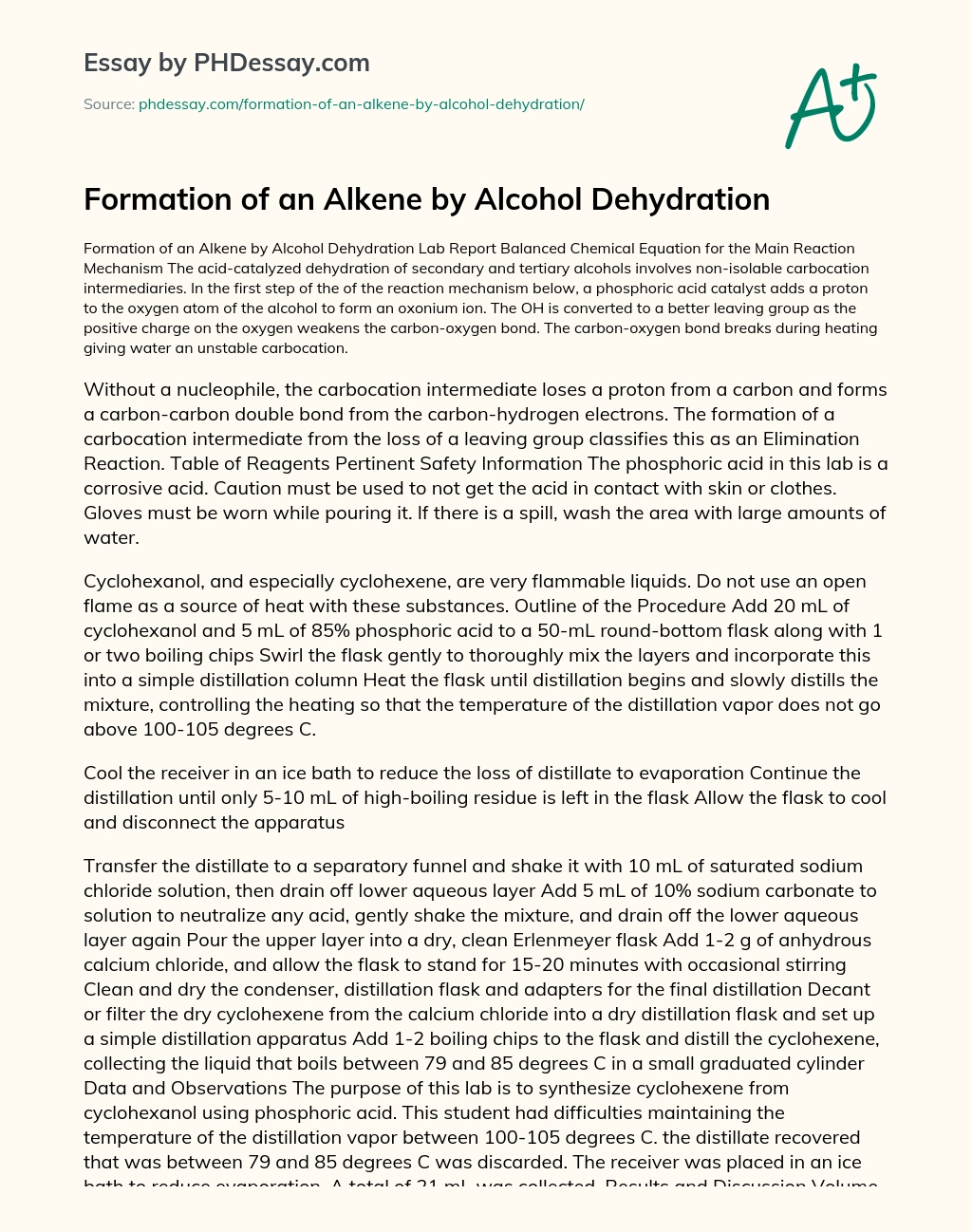 Formation of an Alkene by Alcohol Dehydration essay
