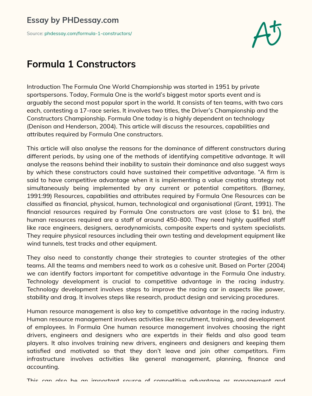 Analyzing Competitive Advantage in Formula One: Resources and Capabilities Required essay
