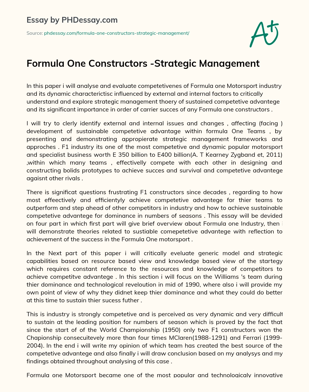 Formula One Constructors -Strategic Management essay