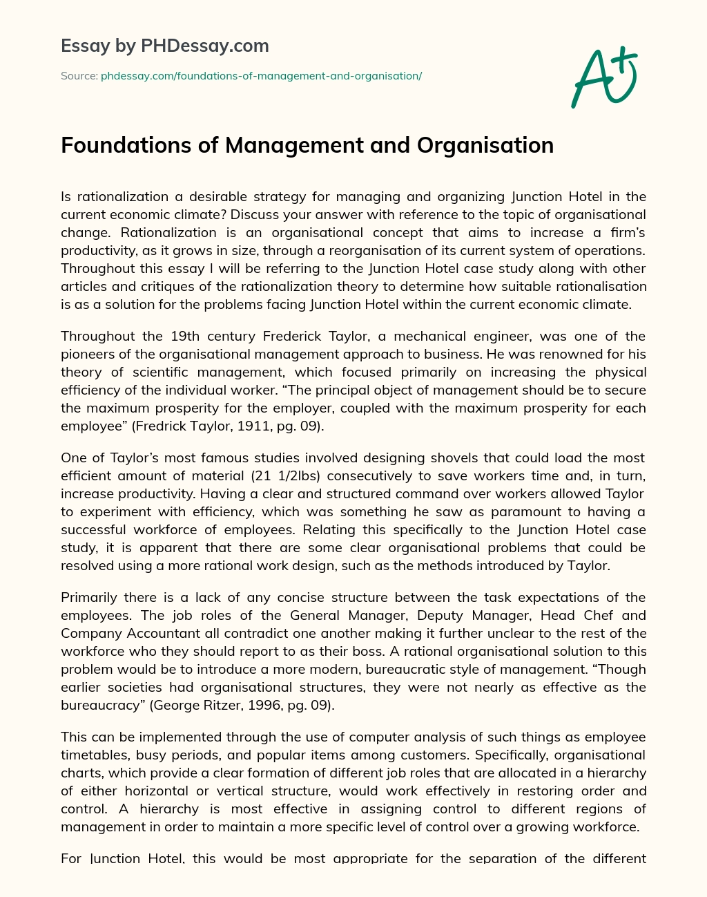 Foundations of Management and Organisation essay