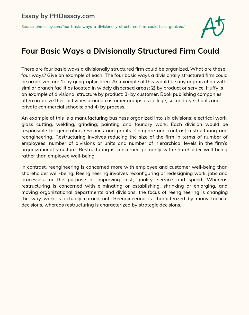 Four Basic Ways a Divisionally Structured Firm Could essay