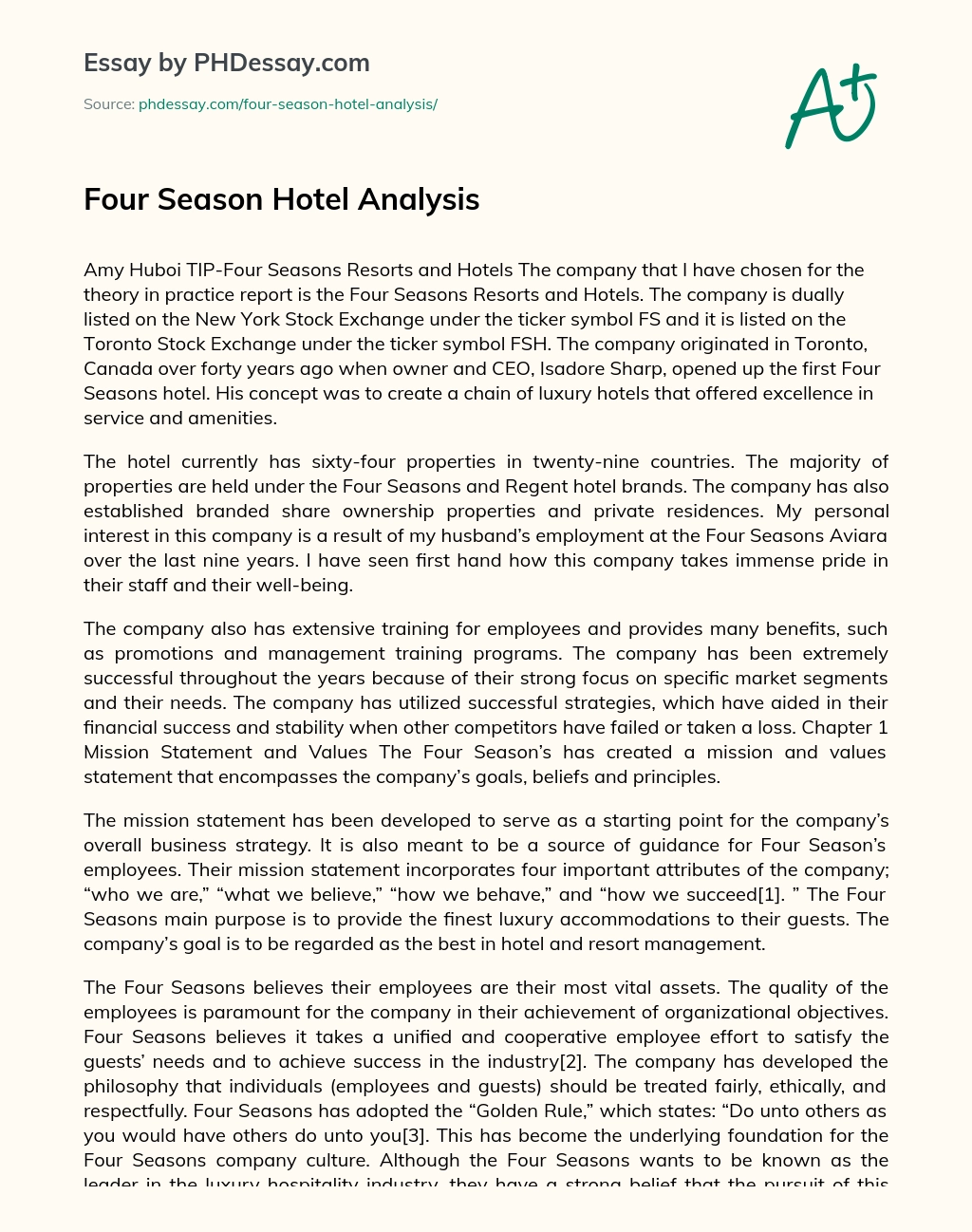 Four Season Hotel Analysis essay