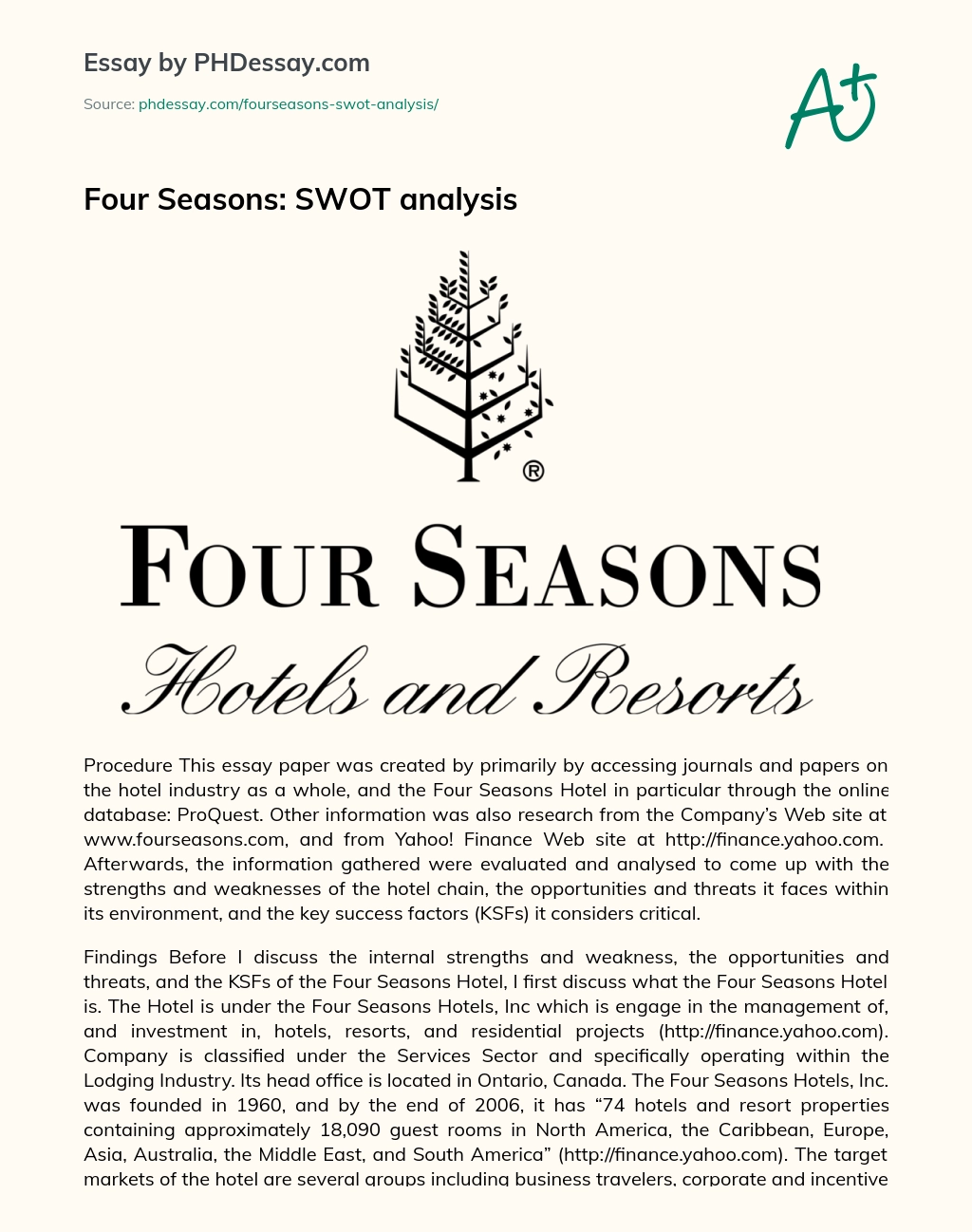 Four Seasons: SWOT analysis essay