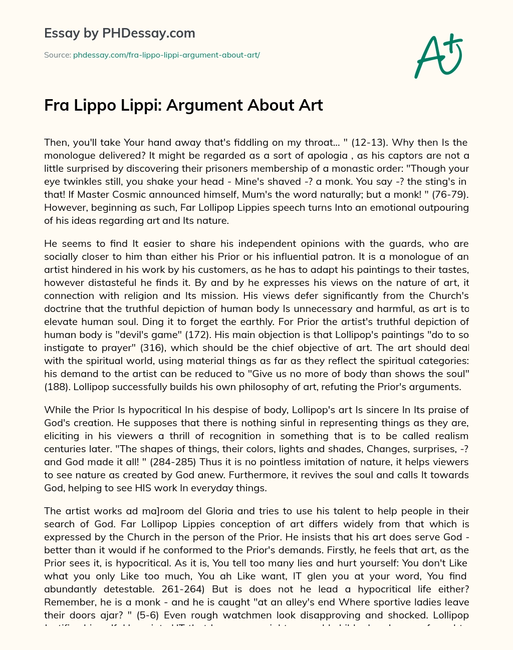 Fra Lippo Lippi: Argument About Art essay