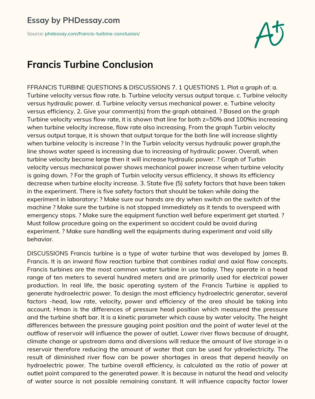 Francis Turbine Conclusion essay