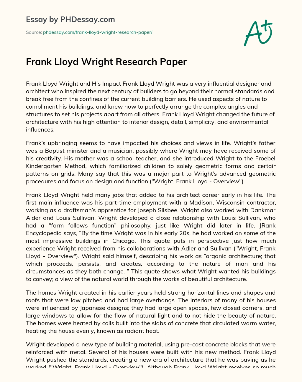 Frank Lloyd Wright Research Paper essay