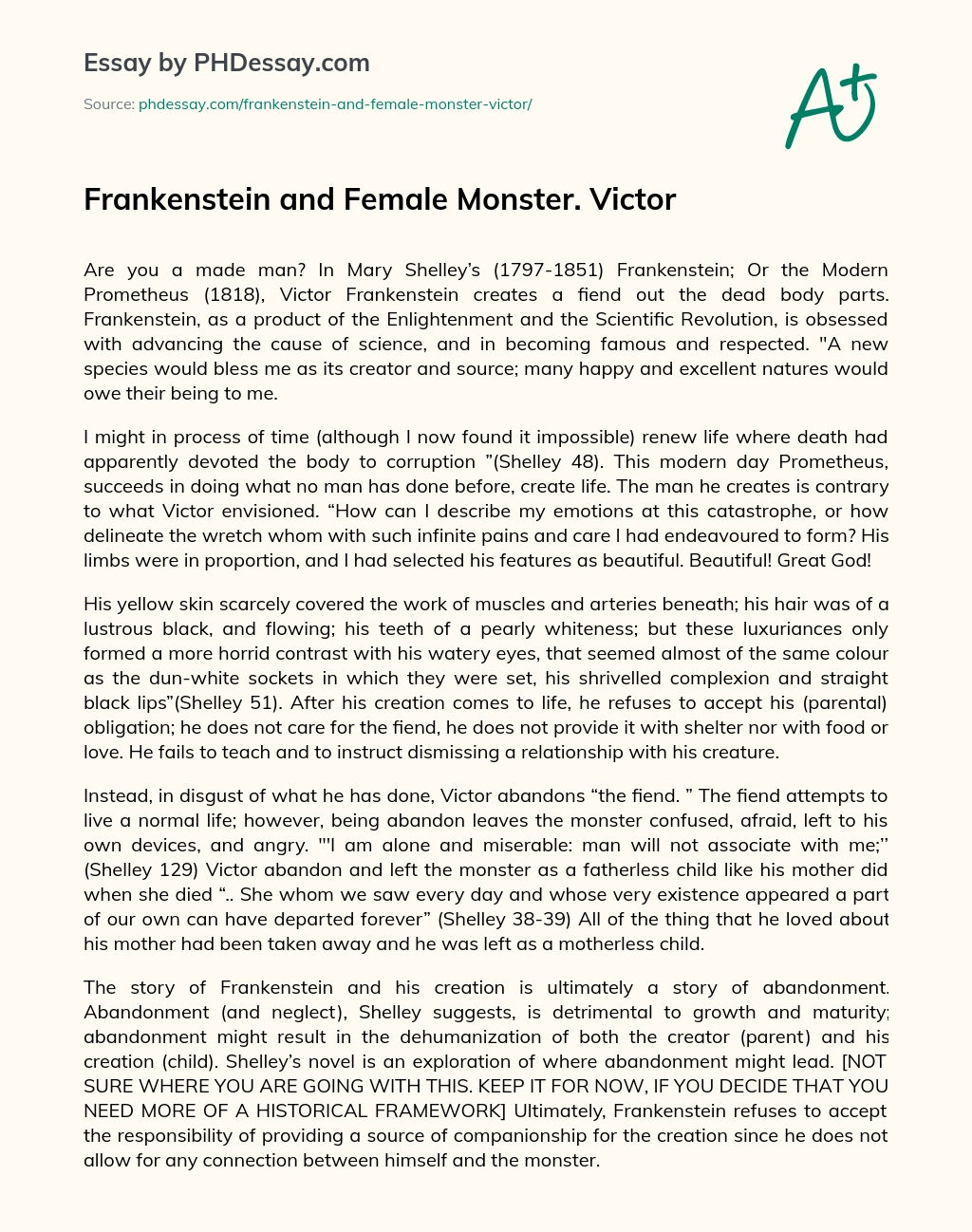 Frankenstein and Female Monster. Victor essay