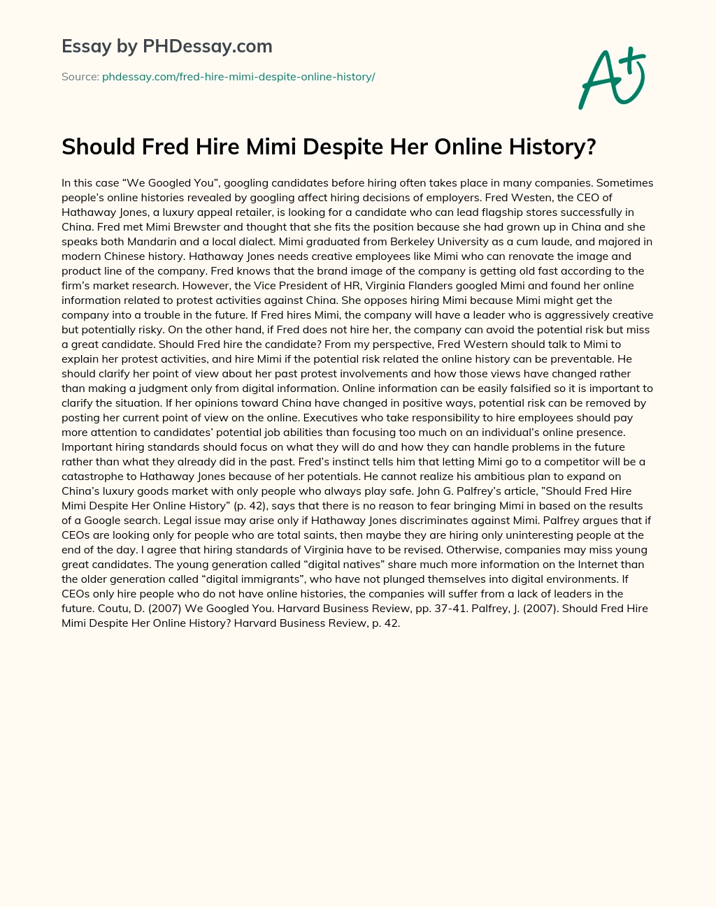 Should Fred Hire Mimi Despite Her Online History? essay
