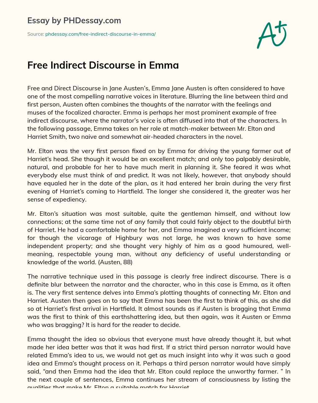 Free Indirect Discourse in Emma essay
