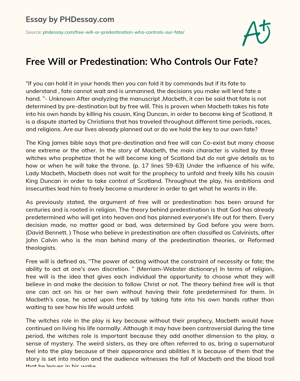 Free Will or Predestination: Who Controls Our Fate? essay
