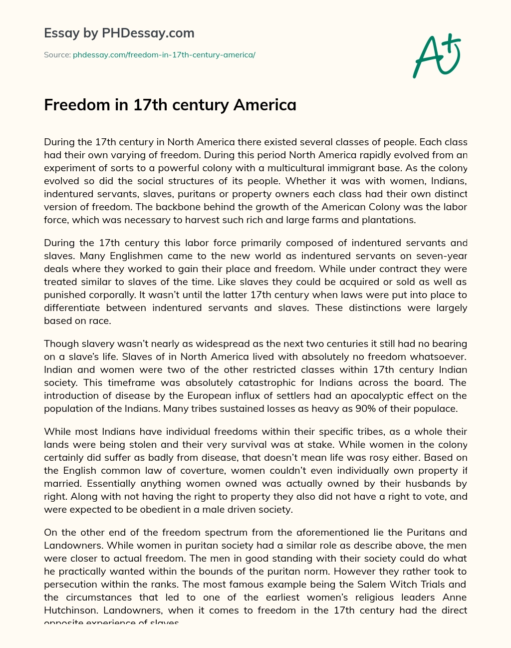 Freedom in 17th century America essay