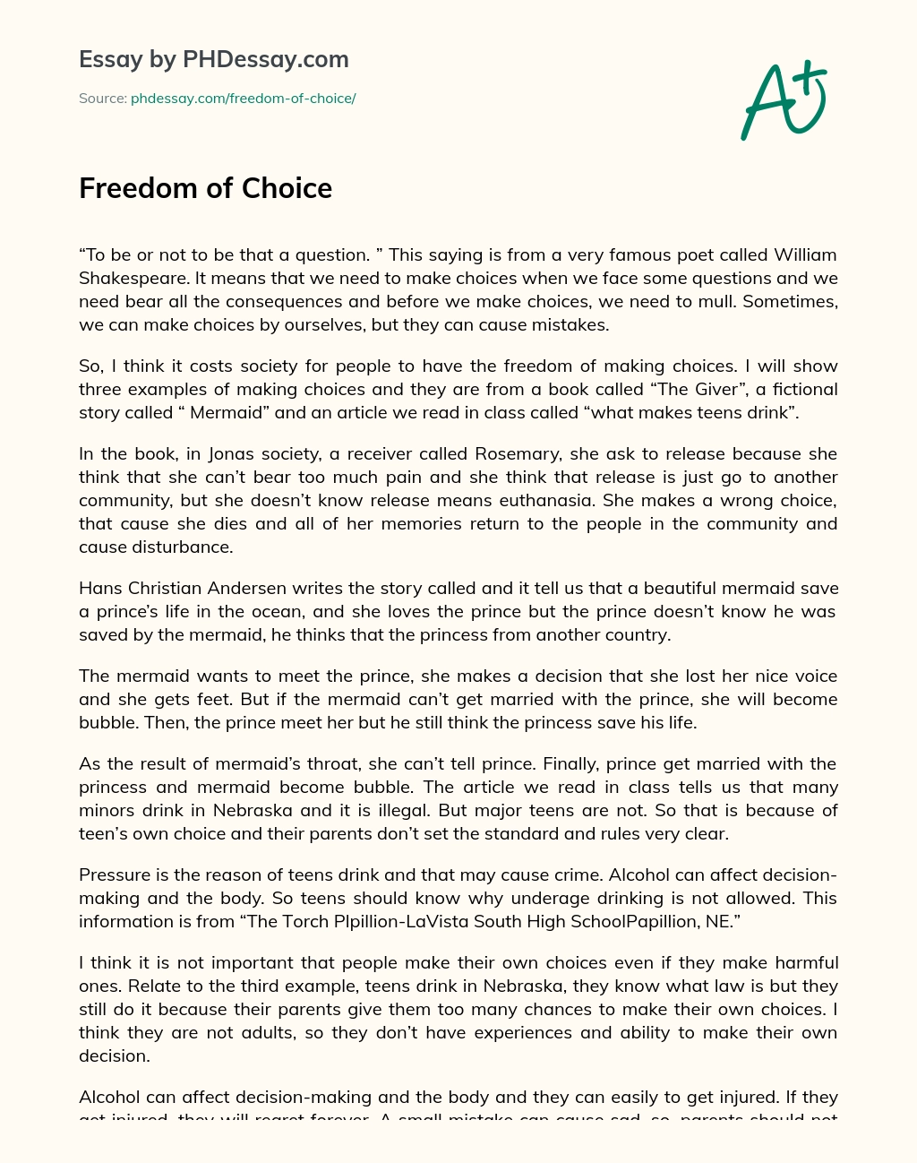freedom of choice essay example