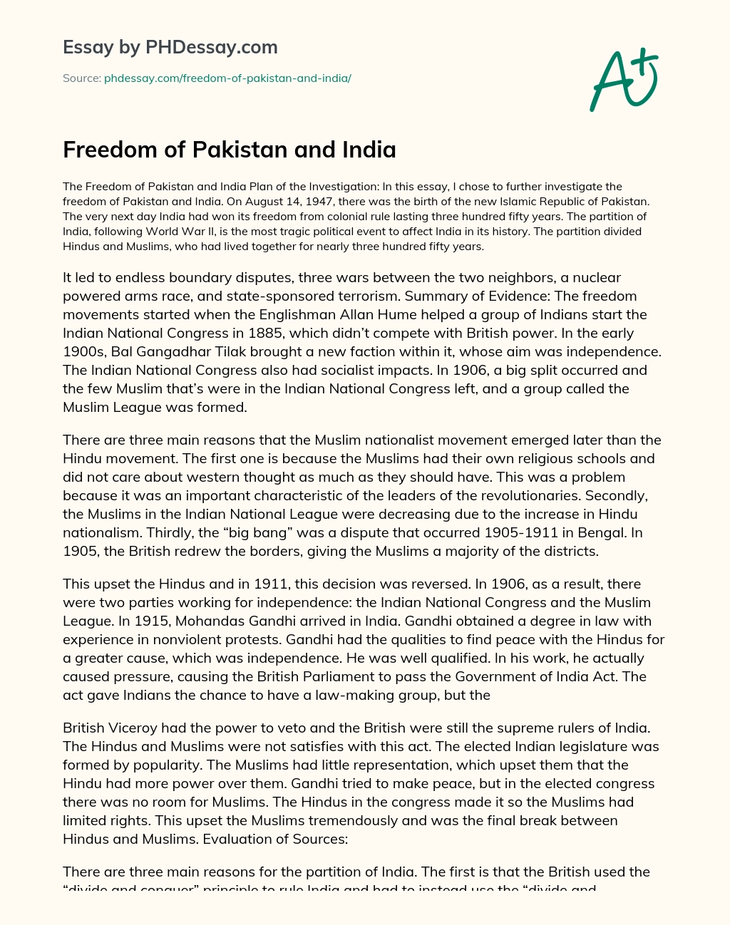 Freedom of Pakistan and India essay