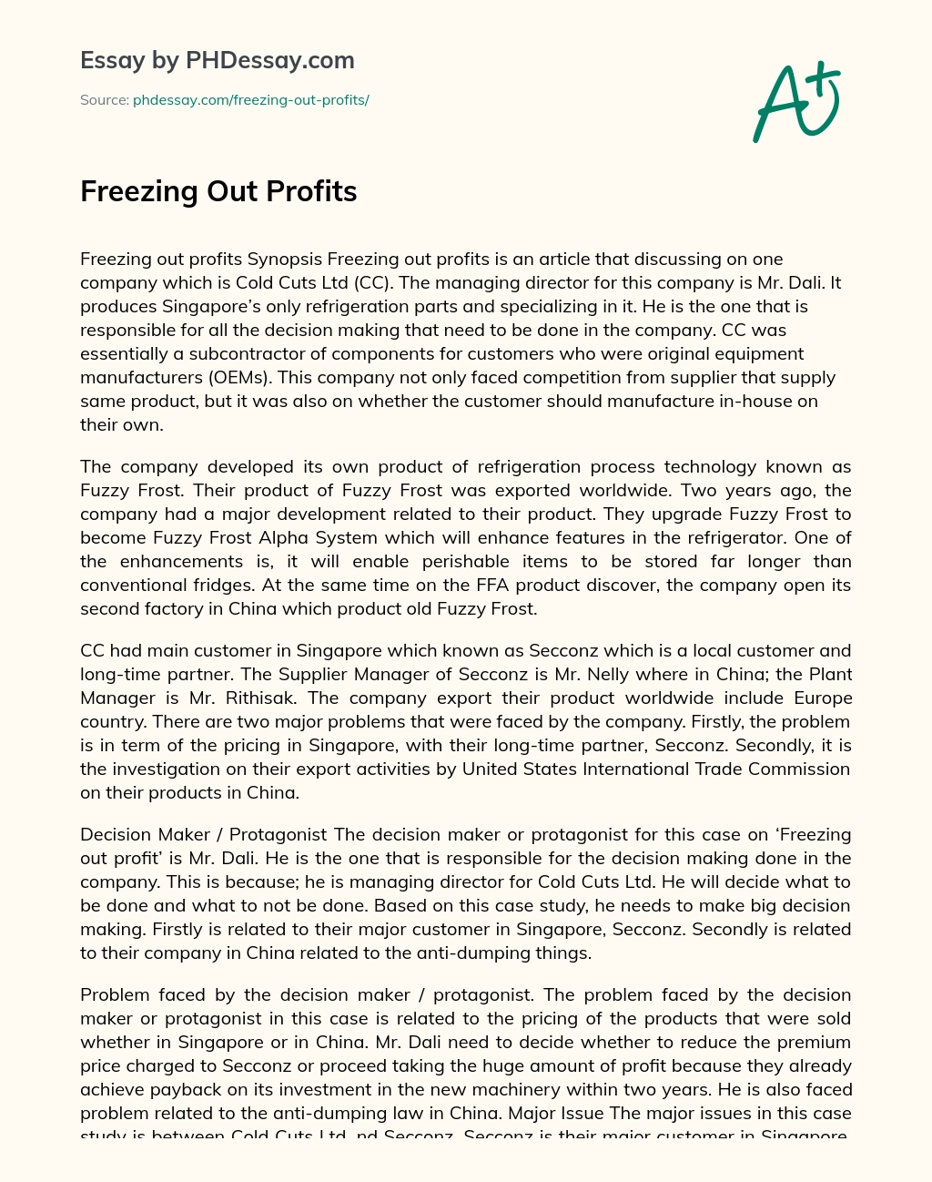 Freezing Out Profits essay