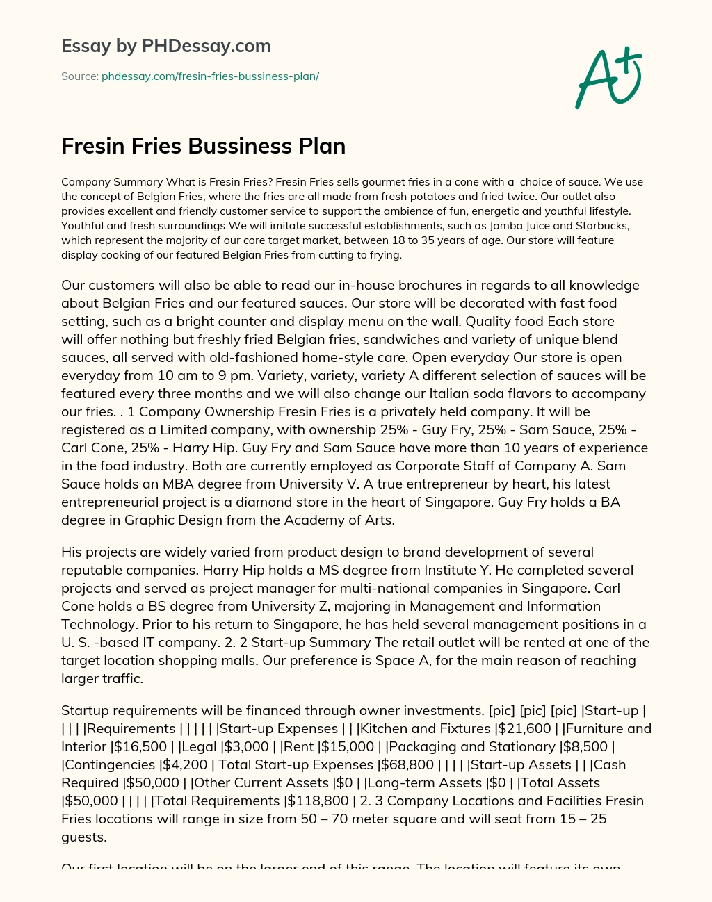 Fresin Fries Bussiness Plan essay