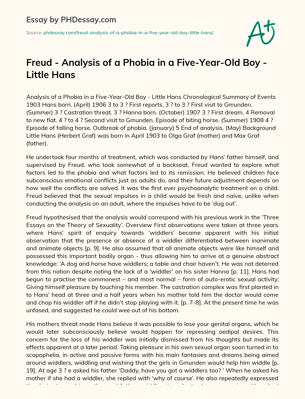 Freud – Analysis of a Phobia in a Five-Year-Old Boy – Little Hans essay