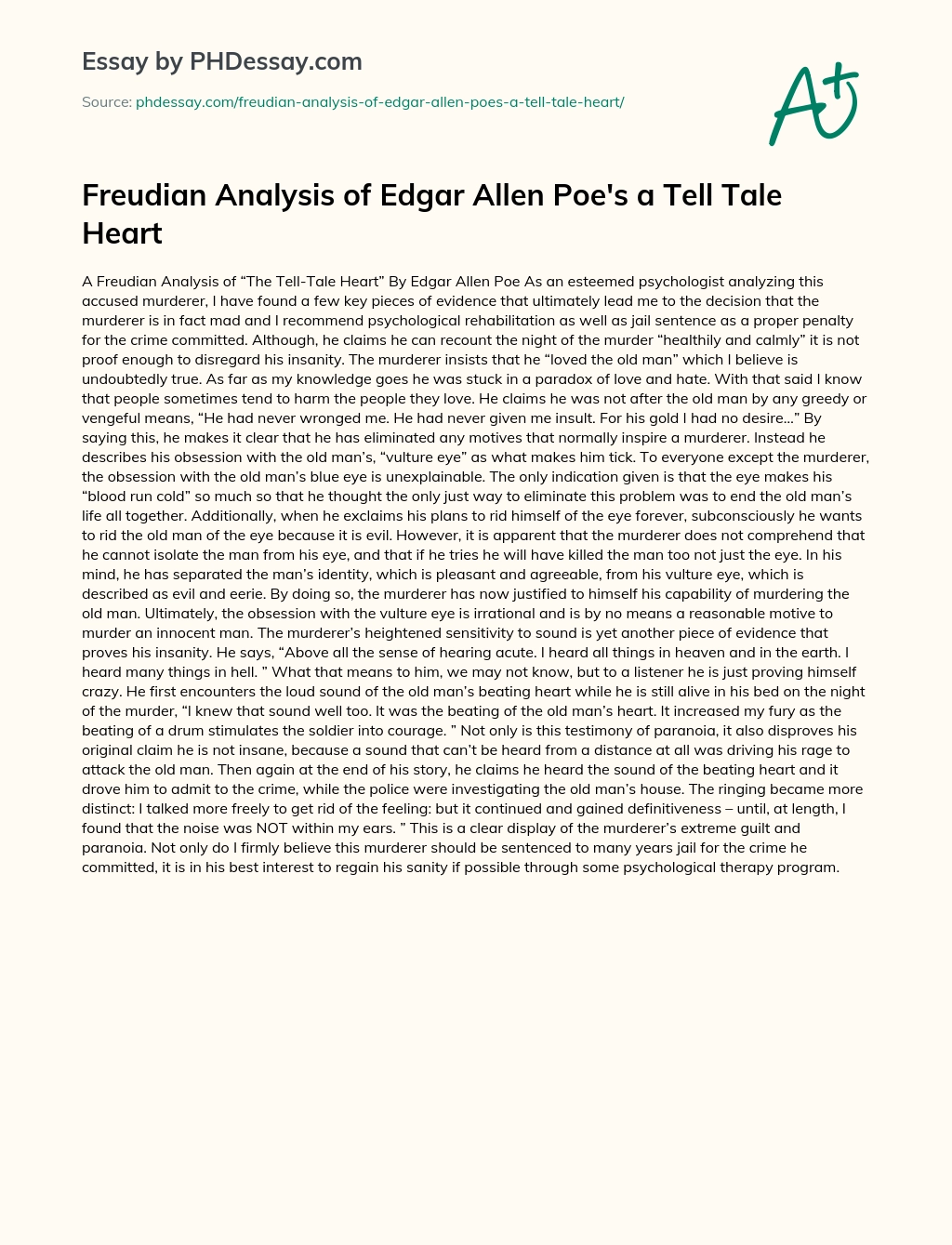 Freudian Analysis of Edgar Allen Poe’s a Tell Tale Heart essay