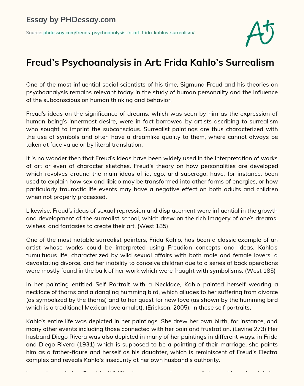 Freud’s Psychoanalysis in Art: Frida Kahlo’s Surrealism essay