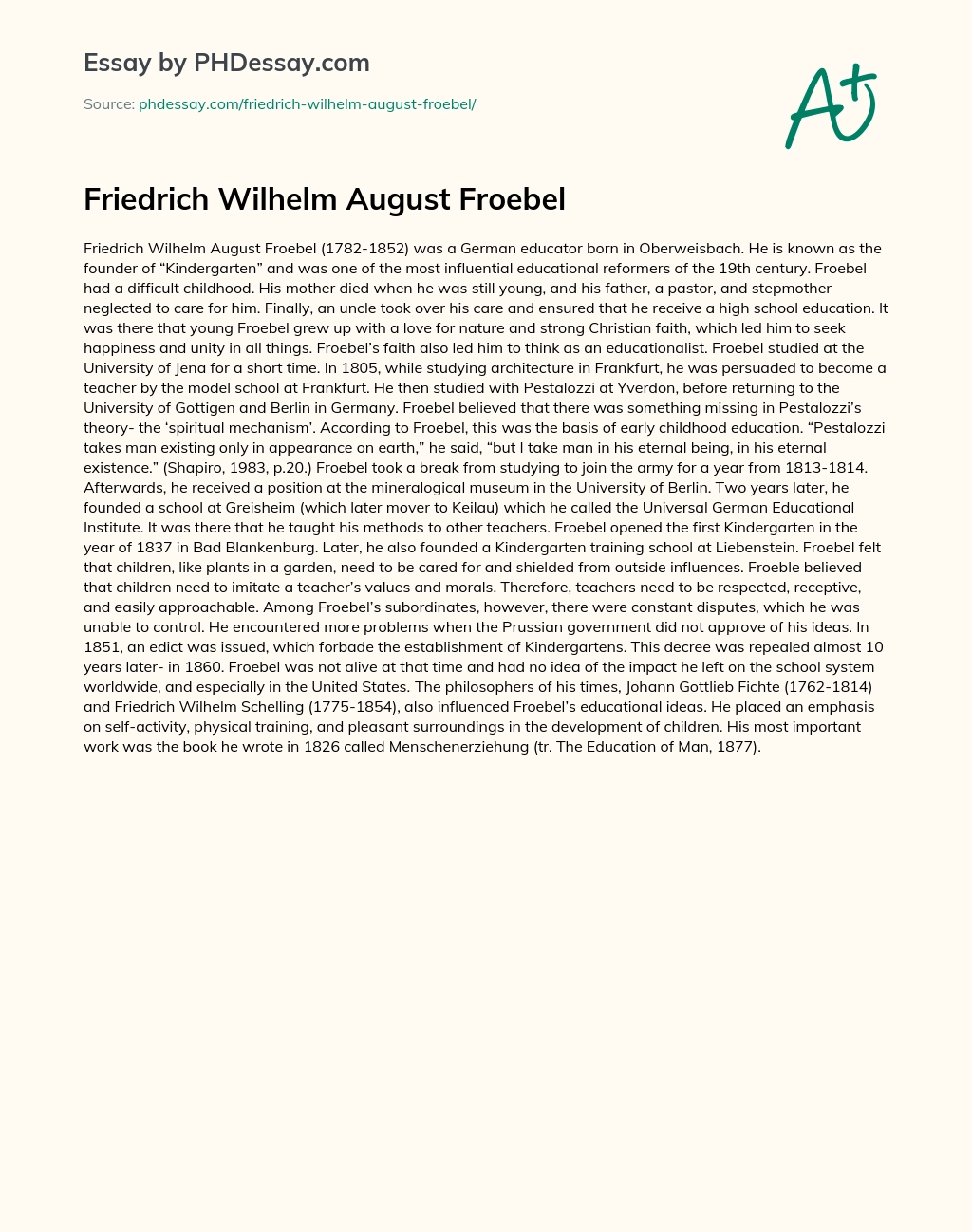 Friedrich Wilhelm August Froebel essay