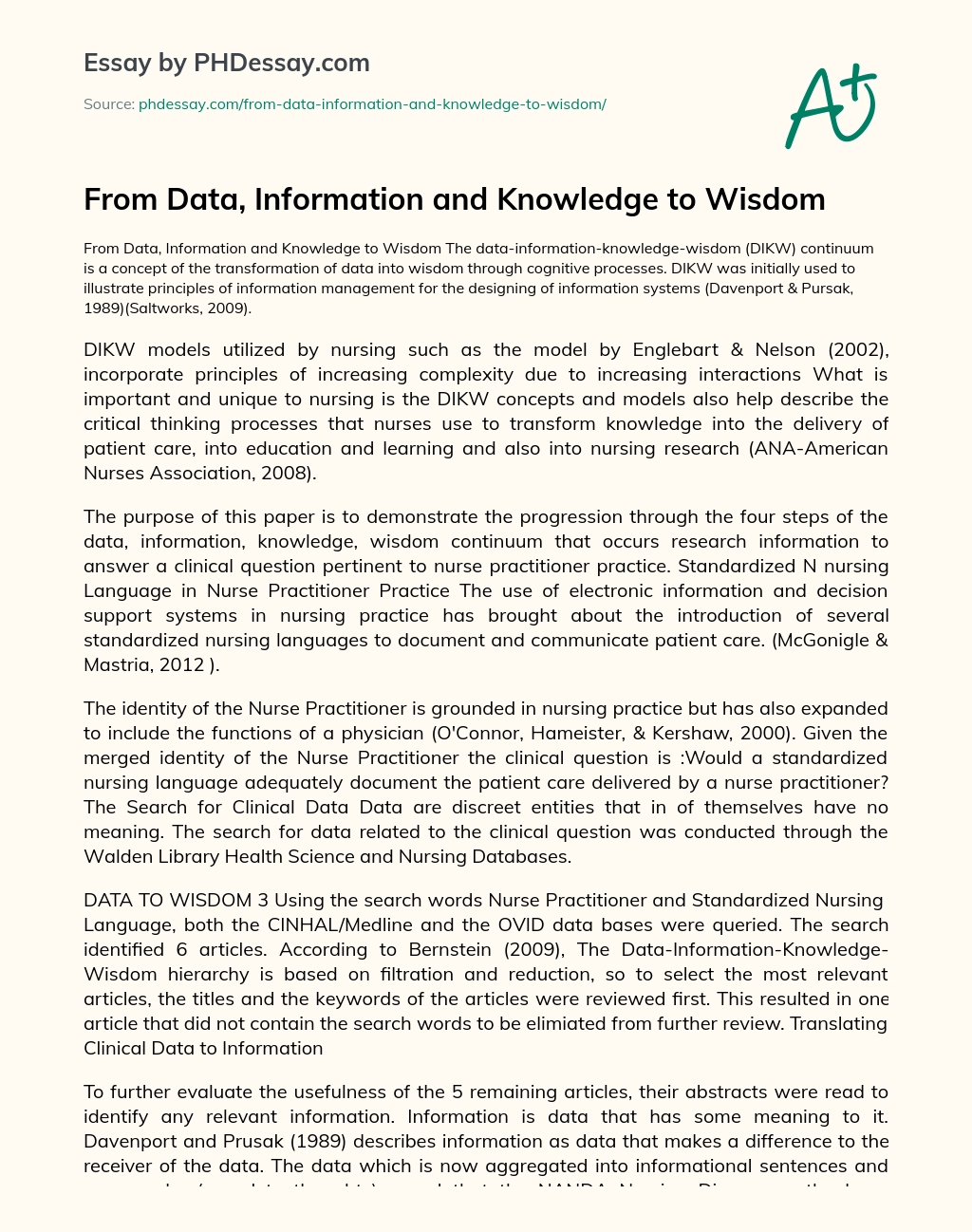From Data, Information and Knowledge to Wisdom essay