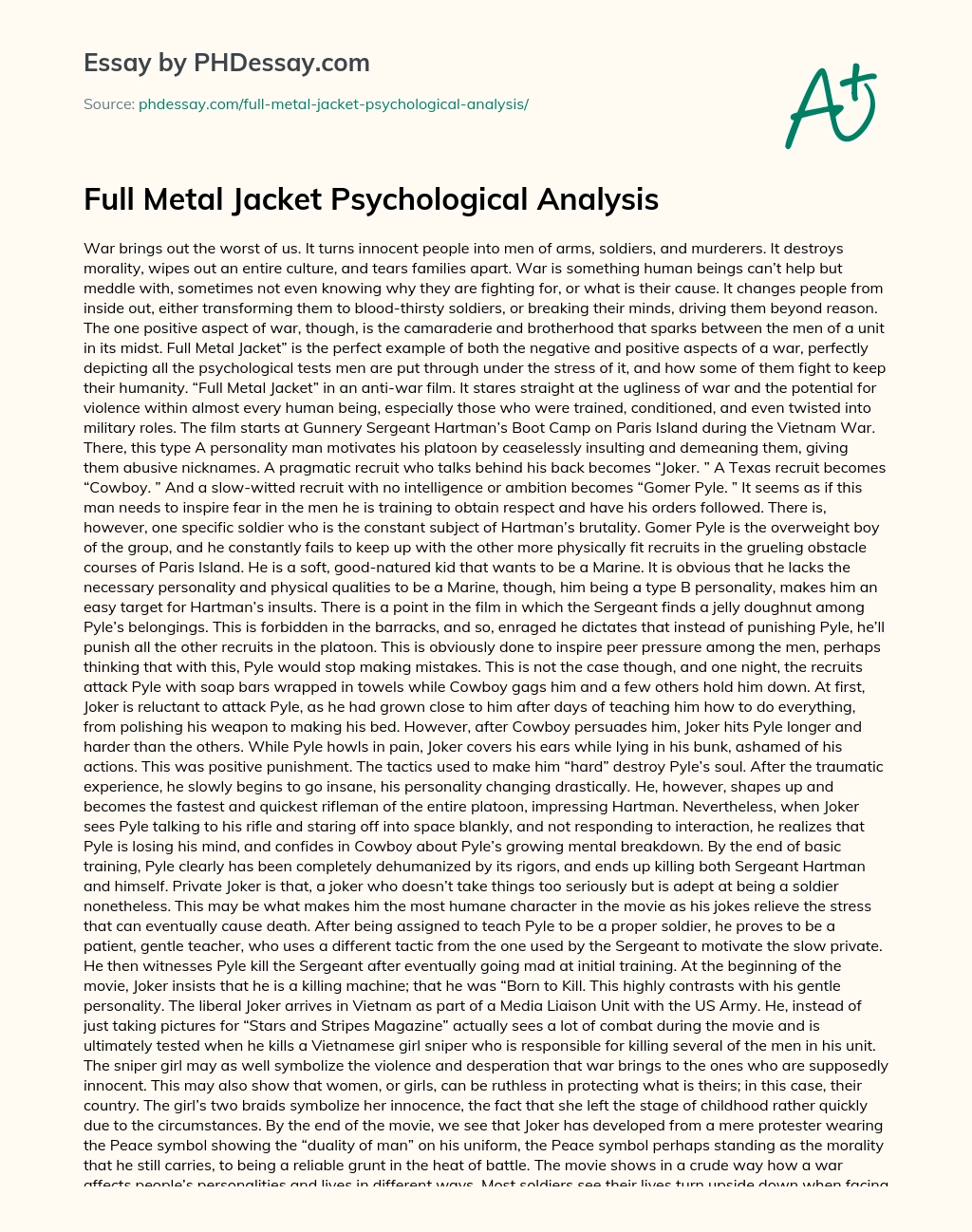 Full Metal Jacket Psychological Analysis essay