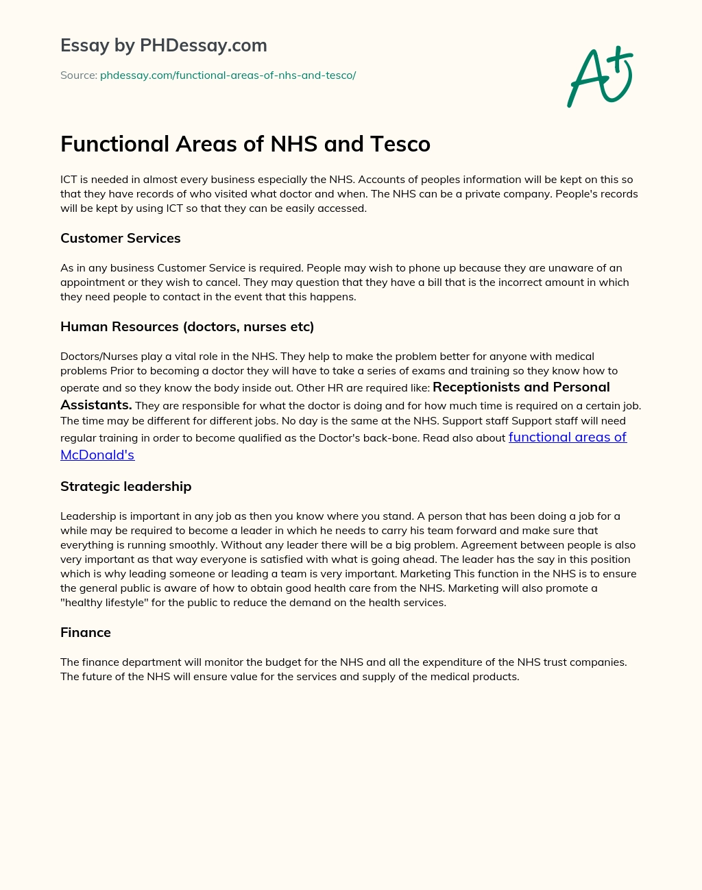 Functional Areas of NHS and Tesco essay