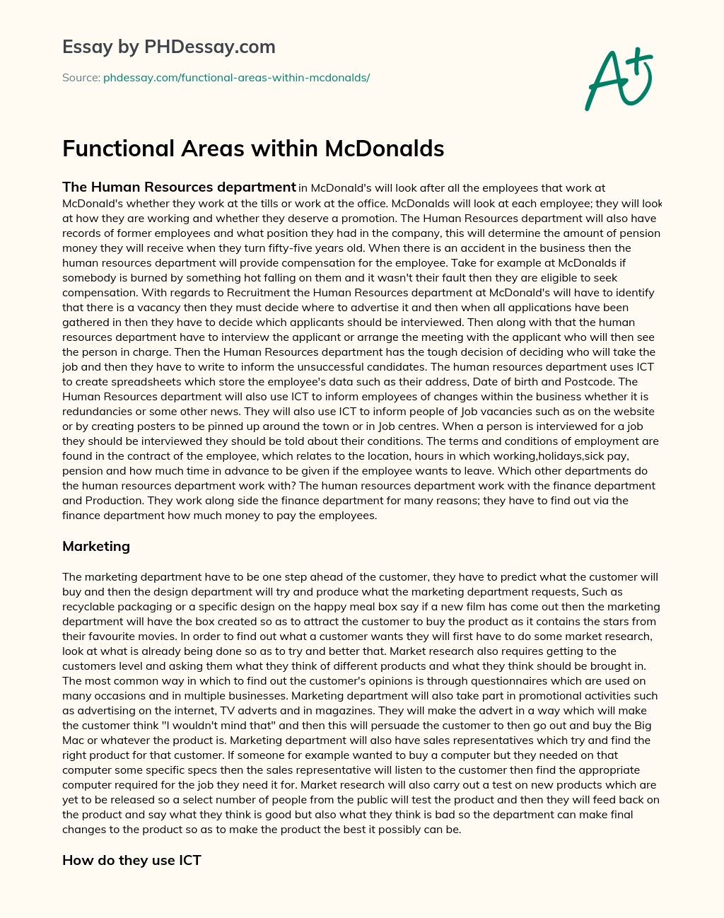 Functional Areas within McDonalds essay