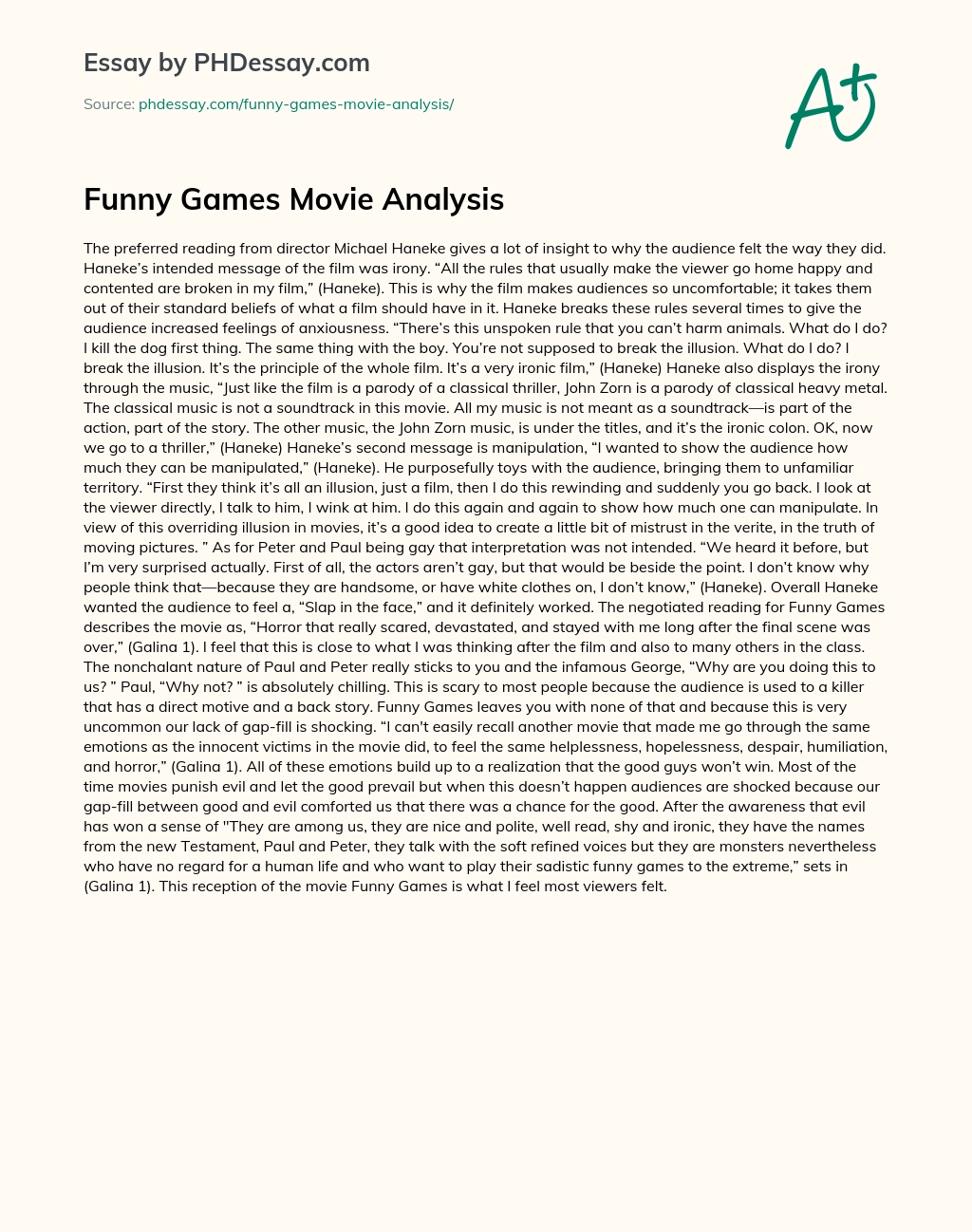 Funny Games Movie Analysis essay