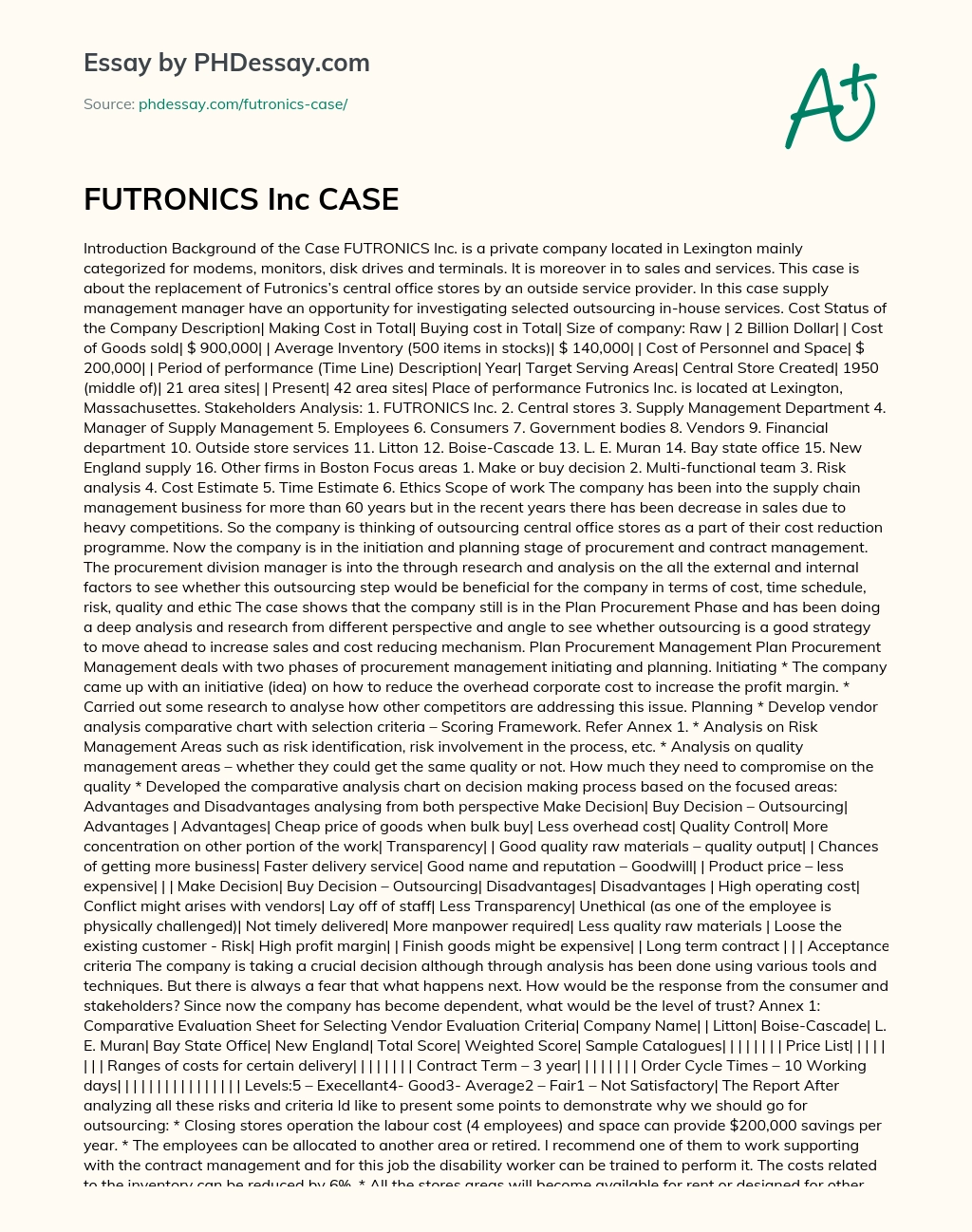 Analysis of Outsourcing Central Stores for FUTRONICS Inc essay