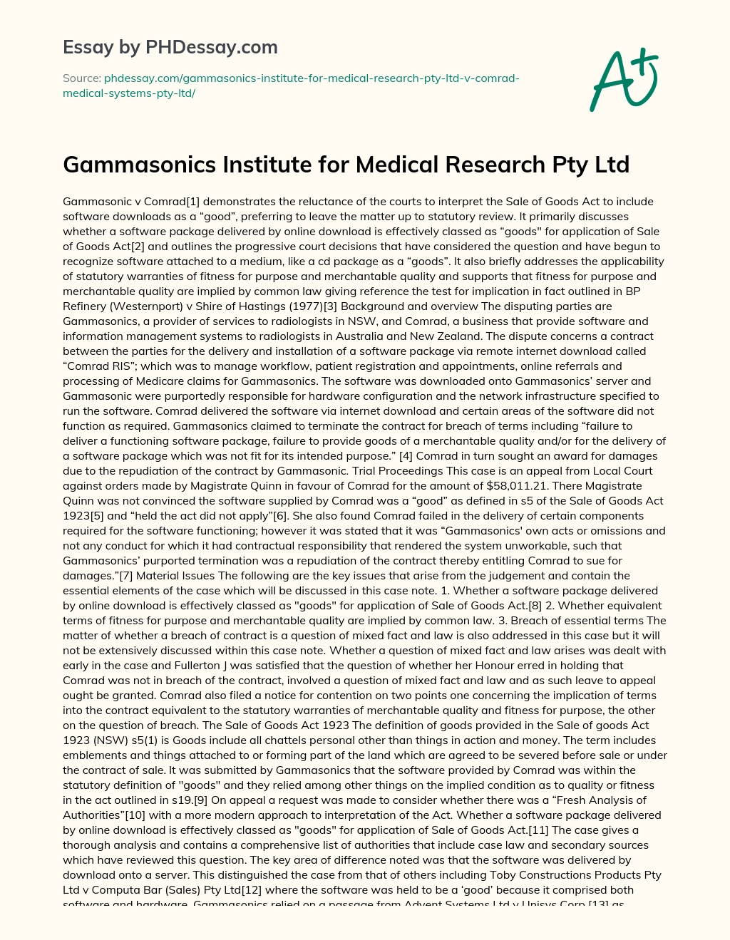 Gammasonics Institute for Medical Research Pty Ltd essay