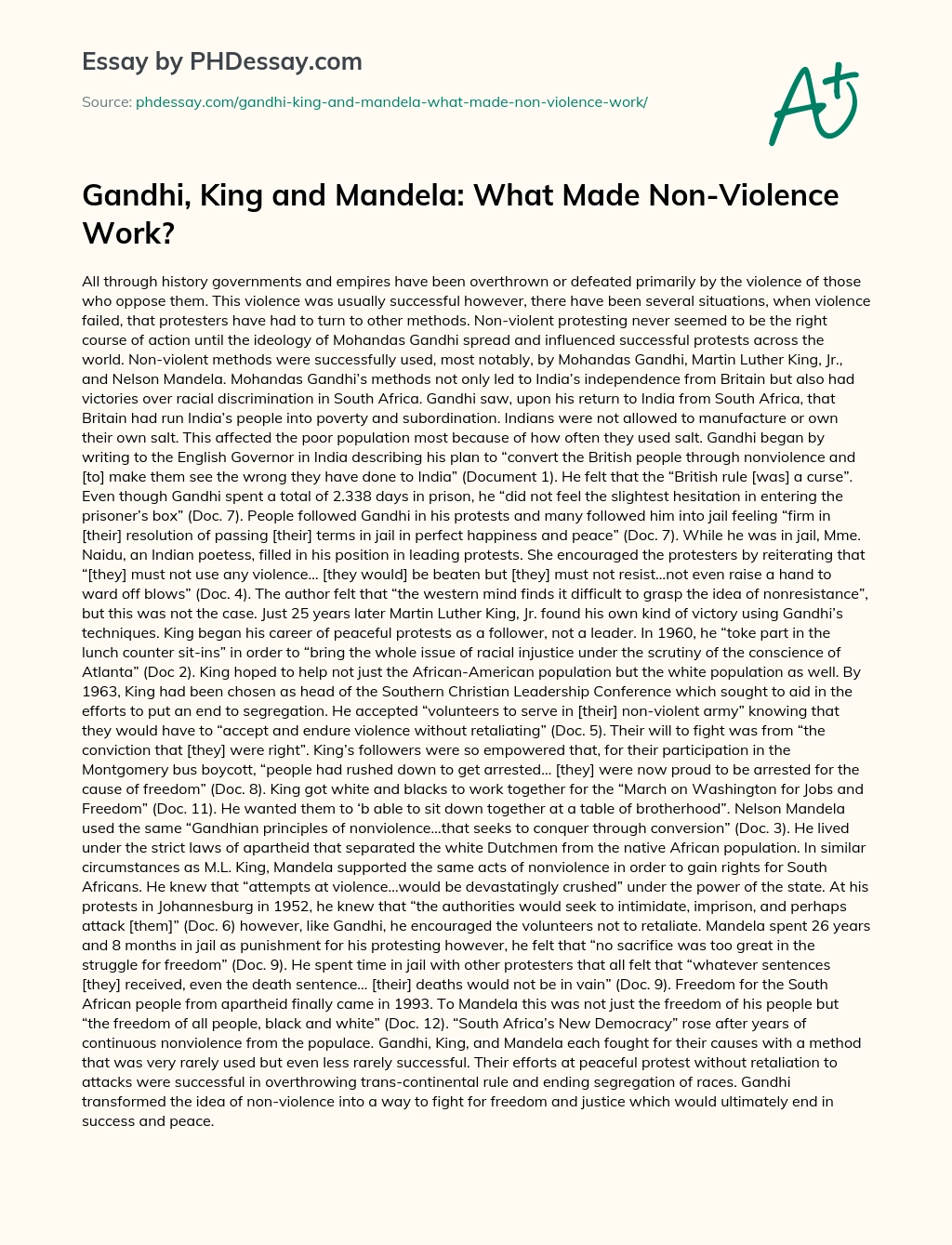 Gandhi, King and Mandela: What Made Non-Violence Work? essay