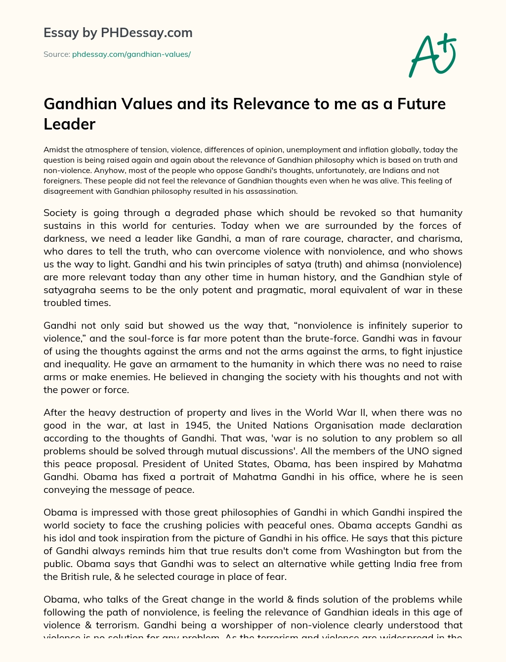Gandhian Values and its Relevance to me as a Future Leader essay