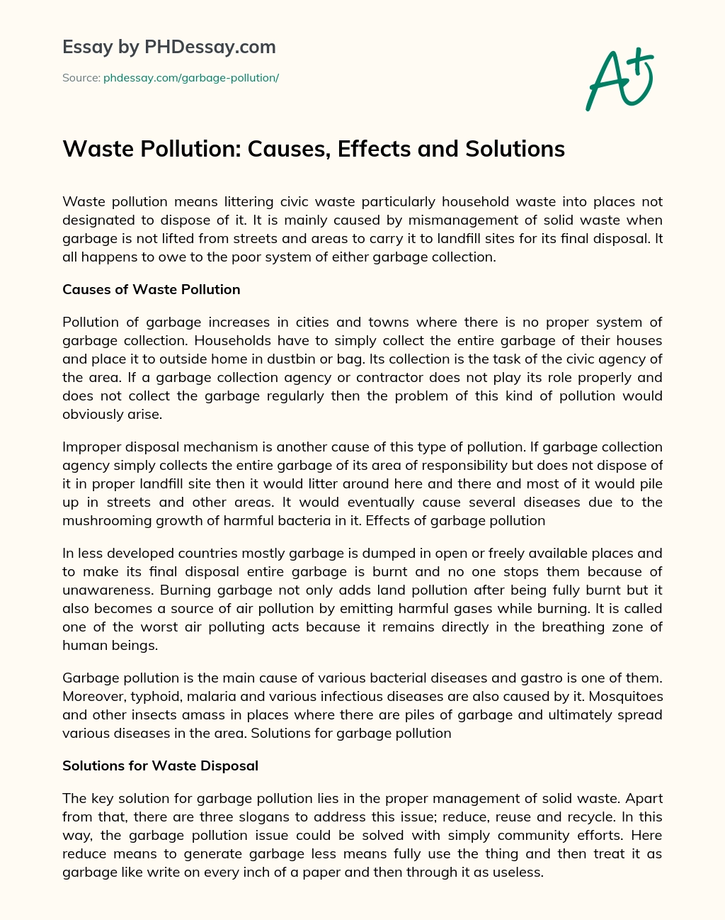Waste Pollution: Causes, Effects and Solutions essay